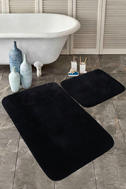 Estiva Home طقم سجادة حمام أسود مكون من قطعتين، قاعدة قطيفة غير قابلة للانزلا...