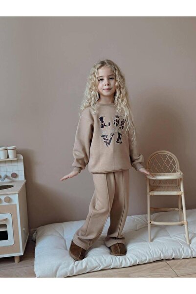 YİGİT BUTİK Love Printed Girl's Bottom Top Set