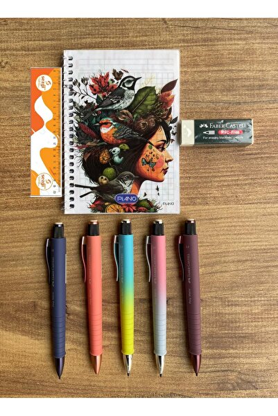 Faber Castell Kalem Poly Matic 1333-0.7 mm Bordeaux-Sunset-Sunrise-Coral ve FutureDusk 5 Adet+Not Defteri+Silgi