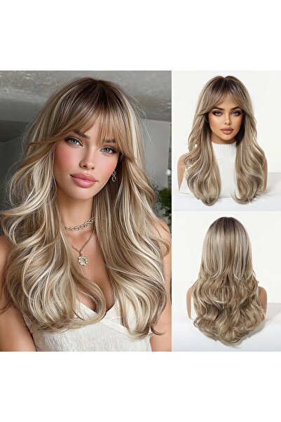 animis beauty Blonde wig with highlights, synthetic fiber with a wavy look, long hair, with bangs, 50 cm