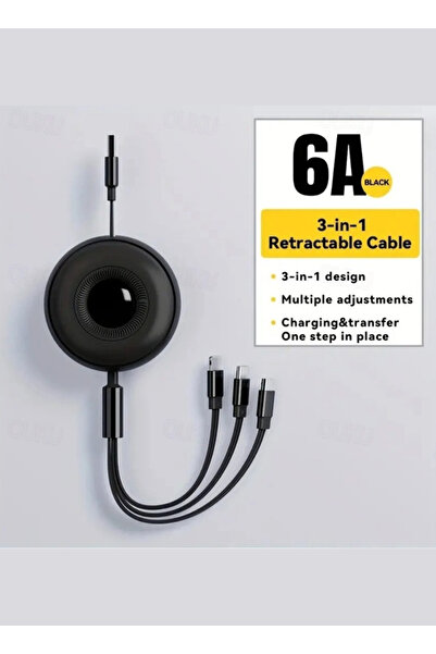 Generic 66W 3-in-1 Retractable Fast Charging Data Cable (Micro, iP, Type-C) - 1.1m