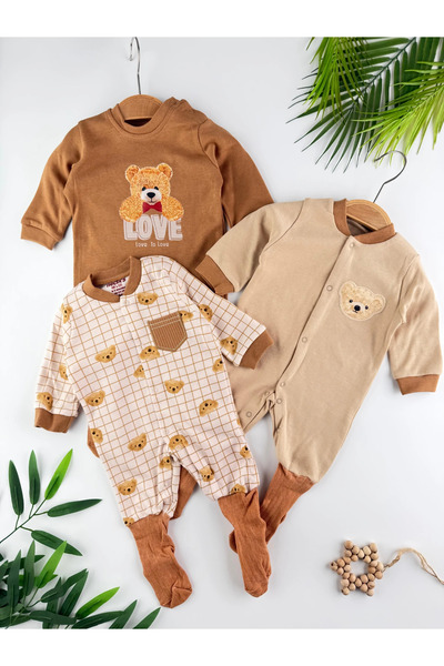 Minizade Teddy Bear Printed 100% Cotton 3-Piece Romper Set with United Socks Organic Unisex Romper Set