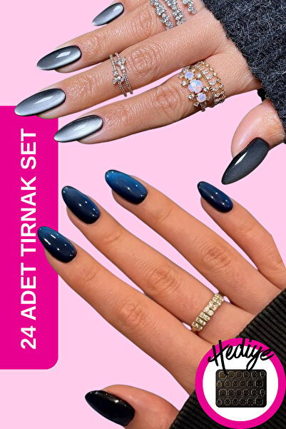 Dami Beauty 24'lü Takma Tırnak Seti Siyah Mavi & Siyah Gri Kedi Gözü Takma Tı...
