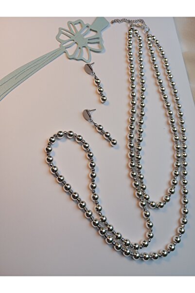 OEM Hematite jewelry set silver double necklace and earrings, with stainless steel