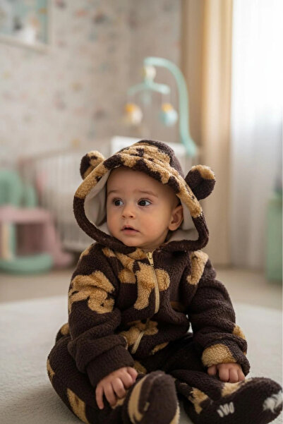 Minizade Wellsoft Plush Unisex Zippered Winter Baby Sleeping Bag Teddy Bear Printed Baby Jumpsuit Children's Jumpsuit