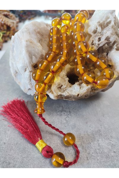 ŞAHBEY TESBİH Large Sphere Cut Faceted Habbe / Ottoman Rope Tassel / Dice Color Fire Amber Prayer Beads / Premium Boxed