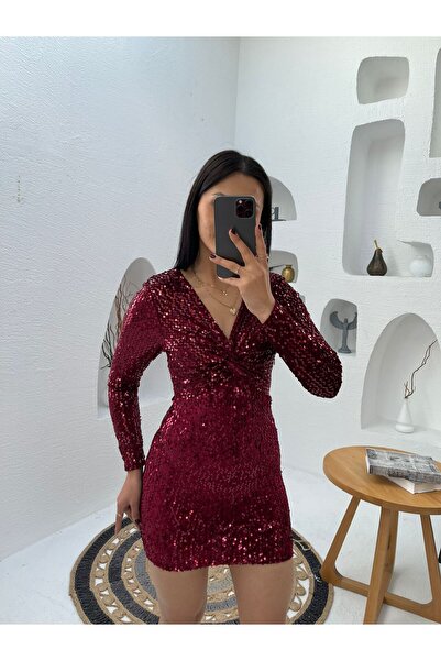 Nida Boutique V-Neck Long Sleeve Knot Detail Velvet Pulpayet Dress
