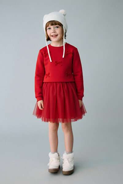 Magu Σετ κοριτσίστικο βαμβακερό φούτερ με κόκκινο φιόγκο και τούλινη φούστα – Συνδυασμός για την Πρωτοχρονιά και ειδικές περιστάσεις