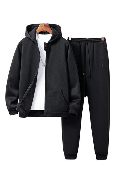 DEEPSENSE Men's Winter Zippered Top and Bottom Black Printed Set Sweatshirt Sweatpants Casual Daily School Sports