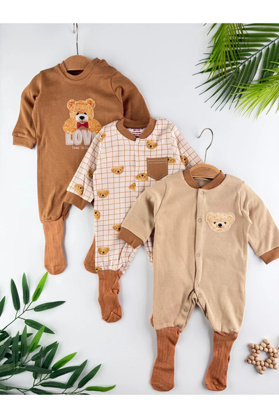 Minizade Teddy Bear Printed 100% Cotton 3-Piece Romper Set with United Socks Organic Unisex Romper Set