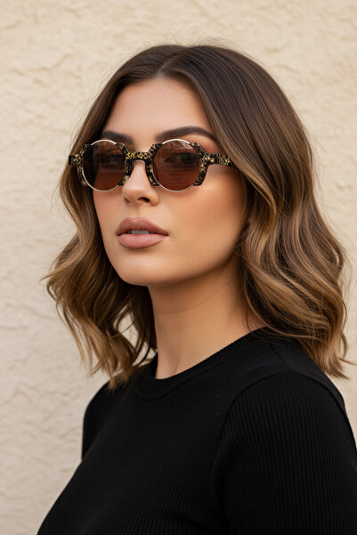 Kapin Yuvarlak Retro Tasarım Vintage Güneş Gözlüğü - Leopar