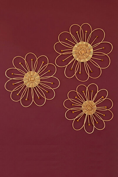 Marena Home 3'lü Doğal Rattan Duvar Süsü Seti - El Yapımı Bambu Bohem Hasır Papatya Duvar Dekoru, 35-32-28 cm