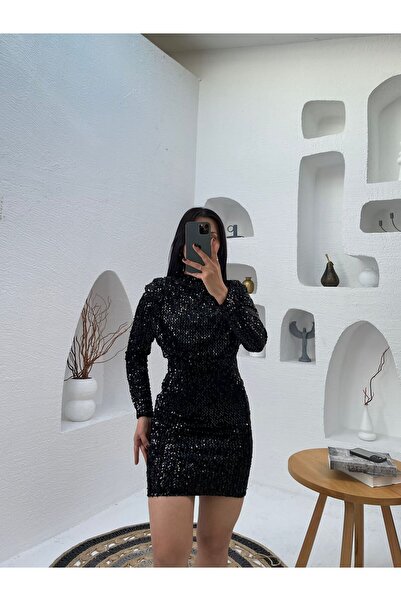 Nida Boutique Half-Thigh Length Shoulder Pad Piece Long Sleeve Velvet Pulpayet Dress