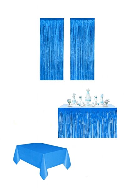 Bkmc Mavi Renk Metalize Perde Metalize Masa Eteği Plastik Masa Örtüsü