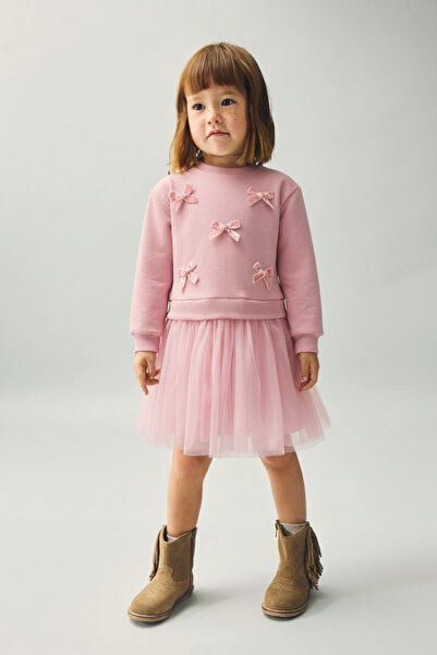 Magu Σετ κοριτσίστικο βαμβακερό ροζ φούτερ με φιόγκο και τούλινη φούστα – Κομψό casual σύνολο