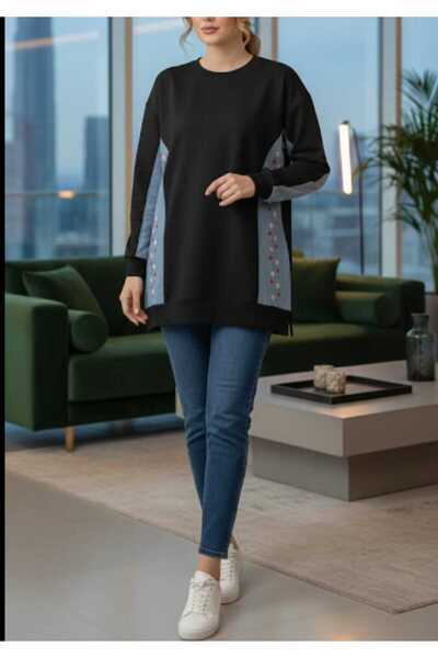 BY BIYIK COLLECTİON Women's Cotton Combed Fabric with Flower and Denim Details