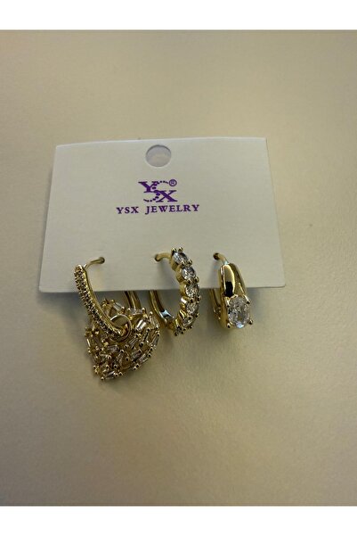 YSX JEWELRY ÇELİK GOLD RENK TAŞLI KALPLİ KÜPE SETİ