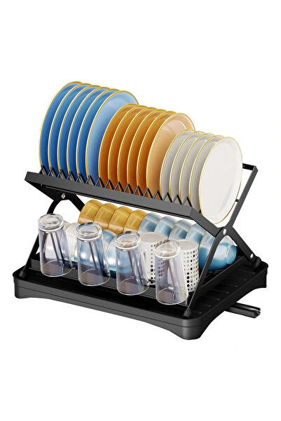 Next Trend Scurgător vase pliabil cu 2 niveluri, metalic, cu tavă de scurgere, suport pentru farfurii și pahare