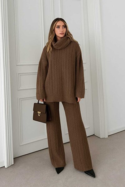 tekstilla Kadın Triko Takım 3 parça – Kazak ve Geniş Paça Pantolon – Kışlık R...