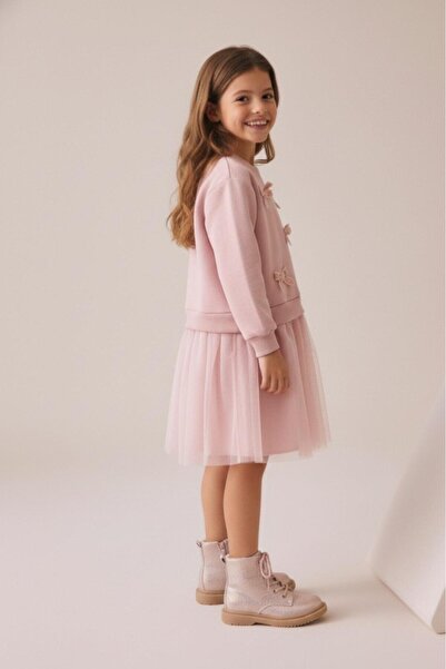 Magu Σετ κοριτσίστικο βαμβακερό ροζ φούτερ με φιόγκο και τούλινη φούστα – Κομψό casual σύνολο