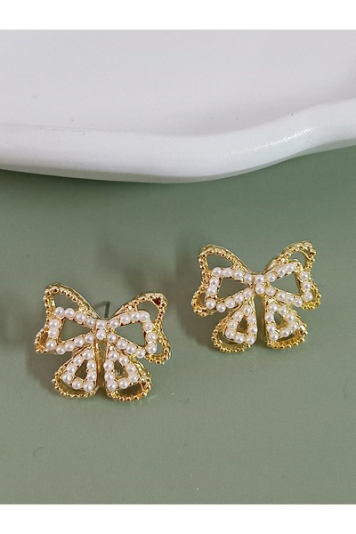 mos&more by mosev Gold Pearl Bow Ribbon Earrings