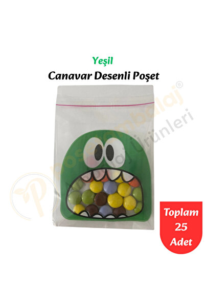 CarpCorn 25 Adet Yeşil Canavar Desenli Cake Pop & Kurabiye Poşeti-10x15 cm