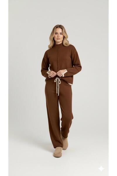 peri tower New Season Women's Knitted Textured Lace-Up Sweater-Pants Knitwear Bottom Top Set 0053