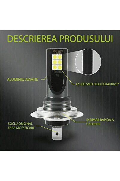 lumixauto Set 2 H7 LED Car Bulbs, 12 LEDs/bulb, 100W, 6500K White, Super Slim