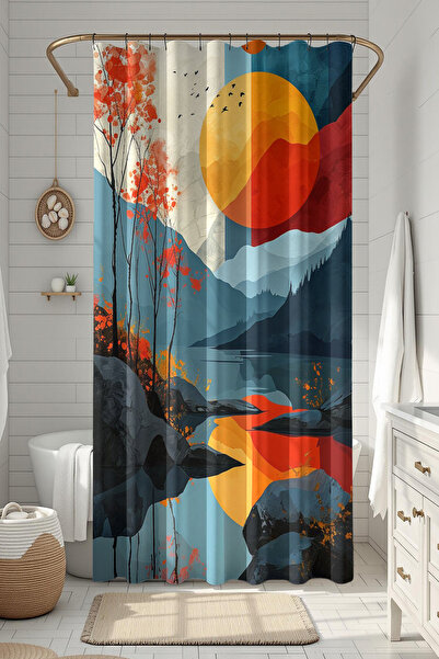 Moud's ستارة حمام، ستارة دش بنمط غروب الشمس الأحمر، ستارة حوض استحمام، مع حلق...