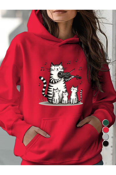 Sevimli kedi ve keman baskılı,3 iplik kumaşlı kaliteli hoodie. Günlük kullanıma uygun,OVERSİZE