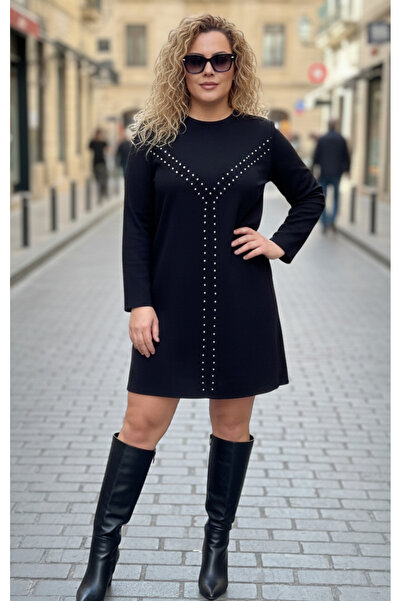 FOR ESRA BIG TREND Women's Plus Size Trok Accessory Detail Crew Neck Back Zipper Closure Scuba Suede Short Stretchy Dress