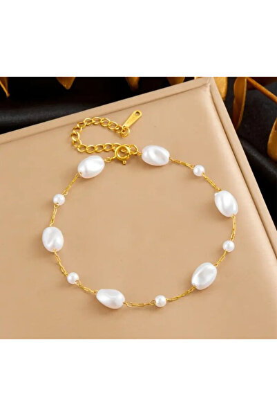 esdekor Gold Elegant Gold-Tone Stainless Steel Bracelet with White Imitation ...