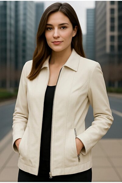 HMO Store Krem Klasik Özel Tasarım Premium Hakiki Deri Ceket