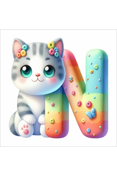 Promotional Print Autocolant de perete litera N cu pisică — decor pentru came...