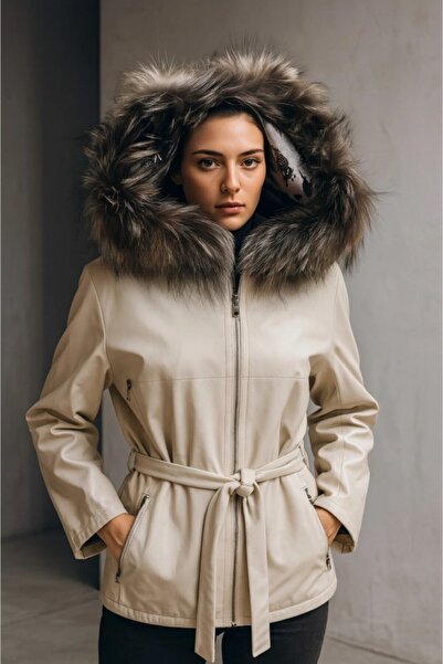 HMO Store Krem Rengi Çift Traflı Özel Tasarım Premium Hakiki Kürk Hakiki Deri...