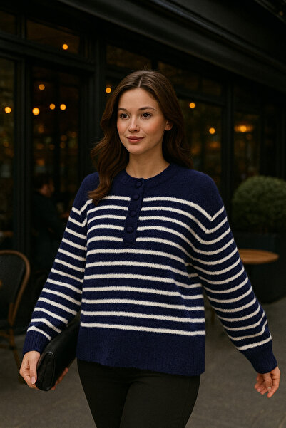 LEOF Premium Button Detailed Striped Sweater