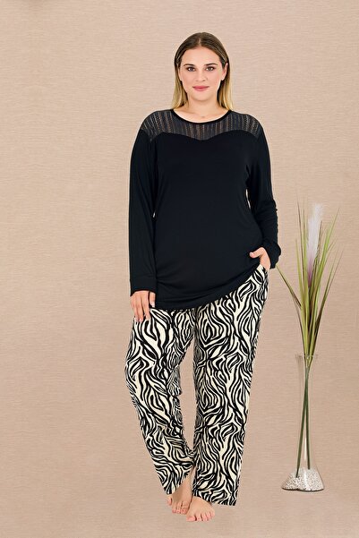 lidofya Zebra Pattern Long Sleeve Plus Size Pajama Set with Pockets