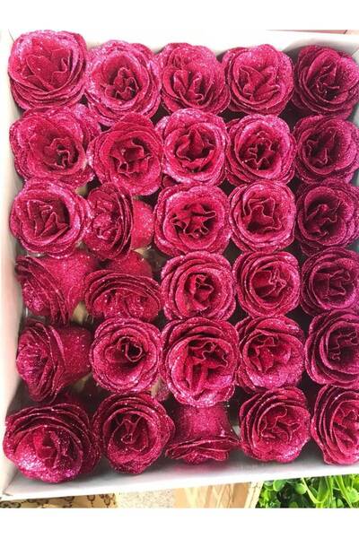 OEM Set 30buc Trandafiri Mari Textili cu Sclipici, Diametru 7.5cm, Inaltime 6...