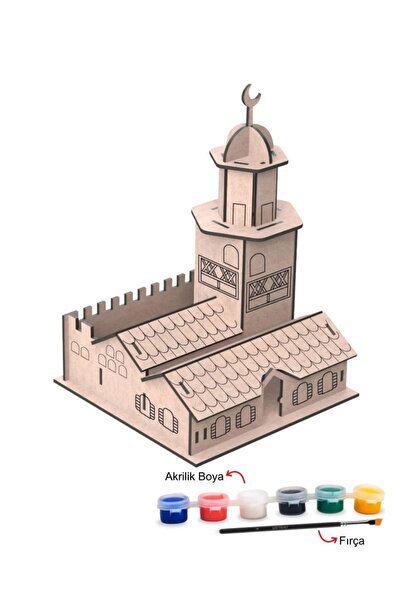 TOYZ PLAY Kız Kulesi Modeli Ahşap Maket Boyama Seti, 6'lı Boya Ve Fırça Dahil