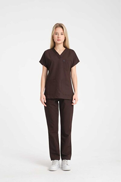 YILMAZ üniforma V yaka acı kahve likralı unisex doktor hemşire takım scrubs