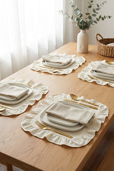 YUNUSOĞLU HOME Cotton Ruffled Self-Striped Square Placemat Set of 6 American Service 33 cm Diameter Placemat