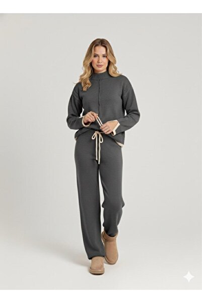 peri tower New Season Women's Knitted Textured Lace-Up Sweater-Pants Knitwear Bottom Top Set 0053