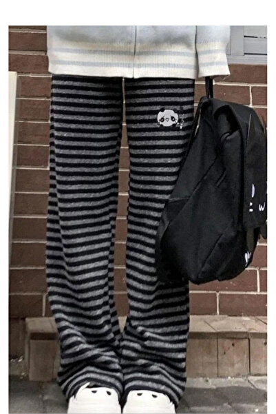 Köstebek Άνθρακα μαύρο ριγέ παντελόνι Panda ψηλόμεσο casual