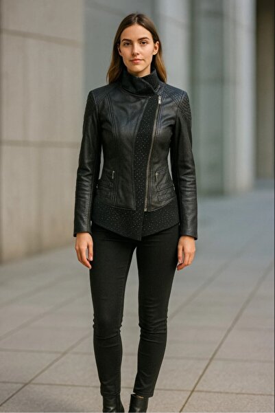 HMO Store Siyah Yıldız Hatlı Özel Tasarım Premium Hakiki Deri Ceket