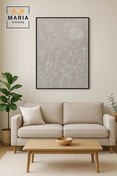 MARIA HOMES Modern 3D Wall Art – Grey Floral Decorative Panel with Raised Botanical Design 120×80 cm