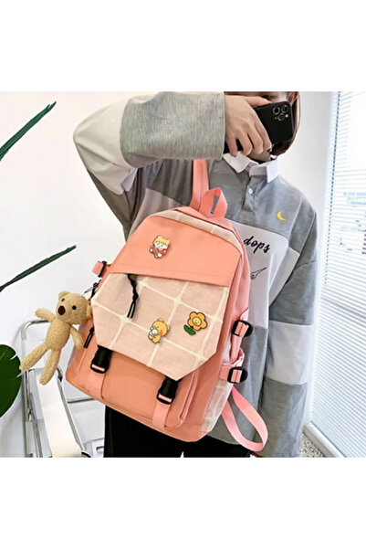 Muchmy Pink Canvas Backpack Set Outdoor Travel Laptop School Essentials 4Piece Set