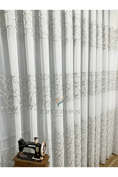 farbateks Gray Silver Geo Line Pattern Design 2 Layer Pleated Tulle Curtain