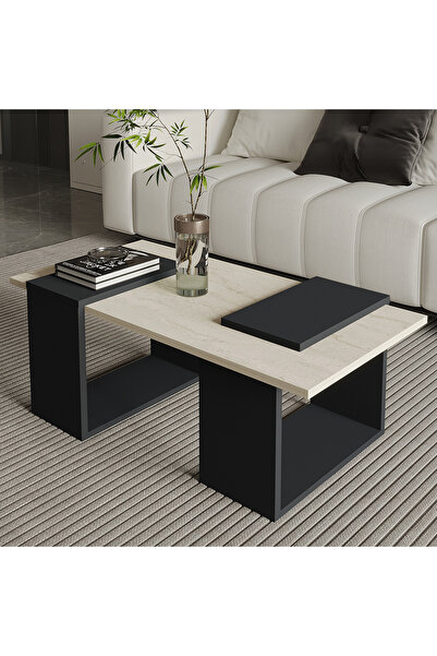 İNARCH DİZAYN Matris Modern Orta Sehpa – Geometrik Tasarım ve Şık Detaylar Traverten/Antrasit