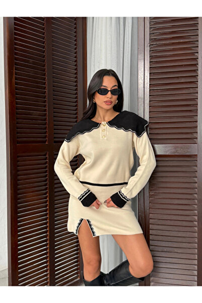 Lusin Women's Ecru Collar and Slit Detailed Blouse Mini Skirt Top and Bottom Two-Piece Knitwear Set