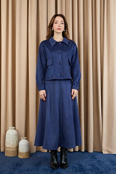 Puane Süet Kumaş Düğmeli Etekli Takım